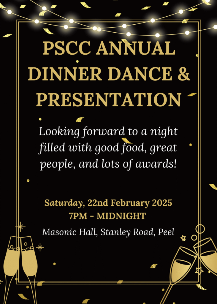  Invitation to the PSCC Dinner Dance and Prize Presentation. Gold letters on a black background. Additional text: Looking forward to a night filled with good food, great people, and lots of awards!